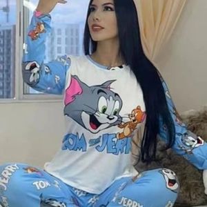 D985 White/Blue Cat Cartoon Character Inspired Printed Pajama Set